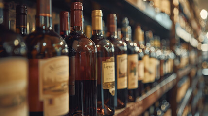 Bottles of wine on retail store shelf. - obrazy, fototapety, plakaty