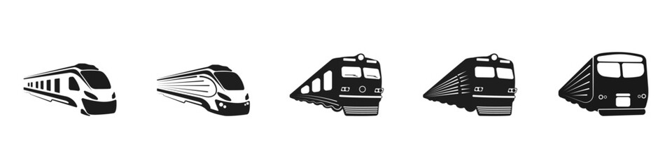 Black trains vector icons set. Collection of train logos. Railway vector set. High speed and cargo trains set. Vector illustration.