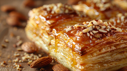 Close-up of a caramelized pastry with almonds.