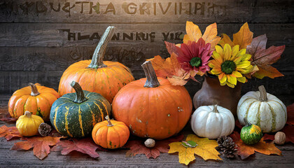 Happy Thanksgiving greeting text with colorful pumpkins, squash and leaves over dark wooden background