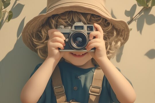 a cute child using camera to take a photo