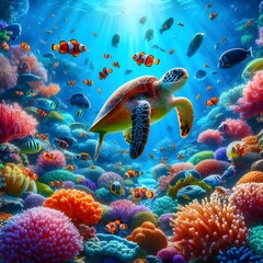 An underwater scene teeming with colorful coral, busy clownfish, and a gentle dolphins drawing by crayons in childish style