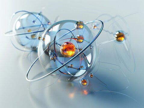 A detailed 3D isomatic representation of an atom with multiple electron shells