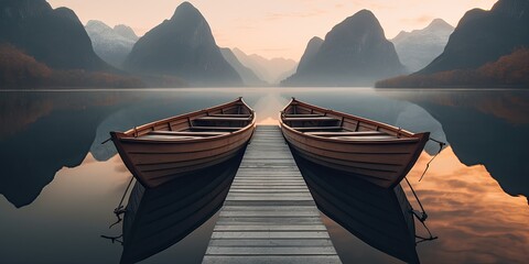 Serenity envelops the scene as a weathered wooden pier extends gracefully into the peaceful expanse of a tranquil lake, a rowboat moored securely to its post. - obrazy, fototapety, plakaty