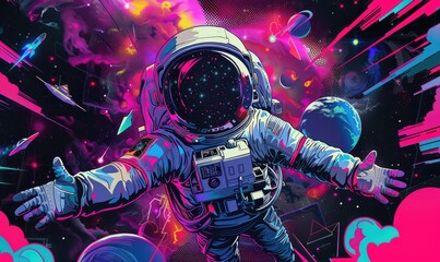 astronaut floating in space, A colorful cartoon style drawing