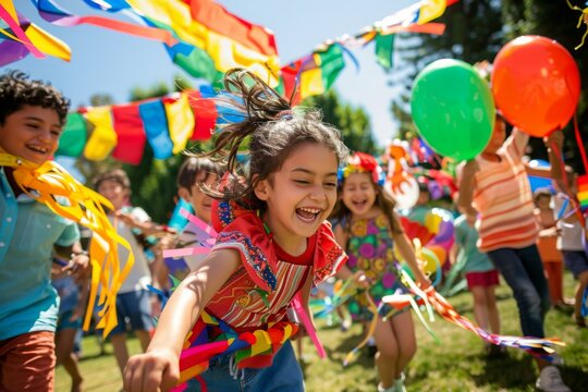 A group of laughing children celebrate International Children's Day with colorful balloons and pennants in a sunny park. - Powered by Adobe