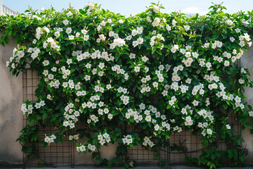 Fototapeta na wymiar A bush of fragrant jasmine vines climbing up a trellis.
