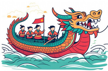 Silhouette of competing people rowing on a dragon boat at sunset, dragon boat festival. Cute cartoon boat sailing on the river. Iconic Traditional Water Sport Concept