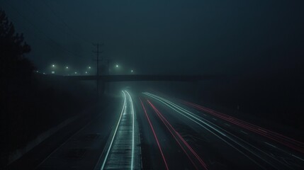 Fototapeta na wymiar A long exposure shot capturing the streaks of passing car lights on a nighttime highway