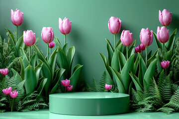 Summer podium with floral border background in green colors. Empty pedestal for product display with pink flowers