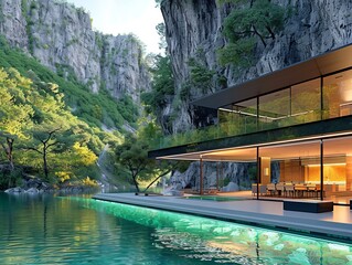 Waterfront property with pool, nestled in front of majestic mountain