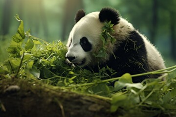A panda bear is eating some leaves in the grass. Giant panda eating bamboo. Panda Bear Resting