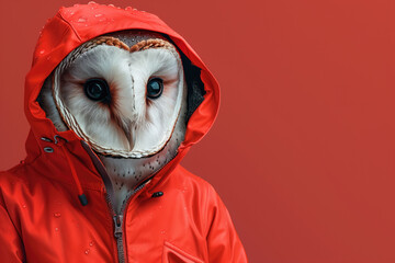 White owl in red raincoat ready for autumn rainy weather - 792976206