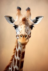 Giraffe Portrait in Vibrant Minimalist Studio. Cute giraffe closeup photography. Vertical orientation