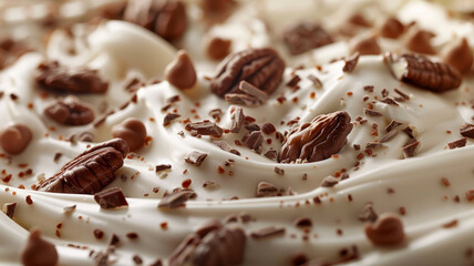 Close-up of chocolate with pecans and shavings. - obrazy, fototapety, plakaty