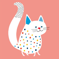 Funny cute cat with colorful dots, flat vector illustration on pink background 