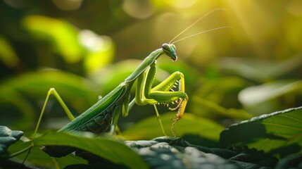 A mantis poised stealthily on a leaf, waiting patiently for its next prey - obrazy, fototapety, plakaty