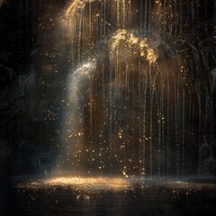 Majestic waterfall illuminated with sparkling lights in a serene dark forest setting