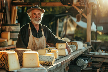 A rustic farmer stands proudly beside a farm-fresh cheese display, showcasing his homemade dairy products under the warm sunlight.