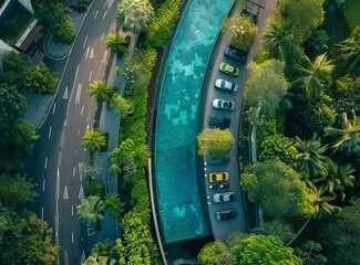 Aerial view of a swimming pool surrounded by trees, road, and nature