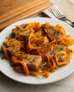 Atun encebollado. Traditional spanish tapa with premium tuna cooked with onions.