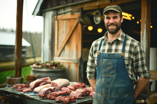 An earnest contemporary farmer stands before his barn, presenting an assortment of locally sourced meats for sale, emphasizing quality and sustainability.