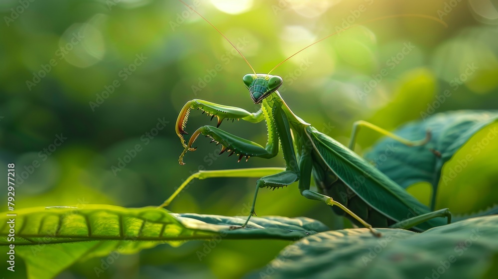 Poster a praying mantis blending perfectly with the greenery as it hunts for prey on a leaf