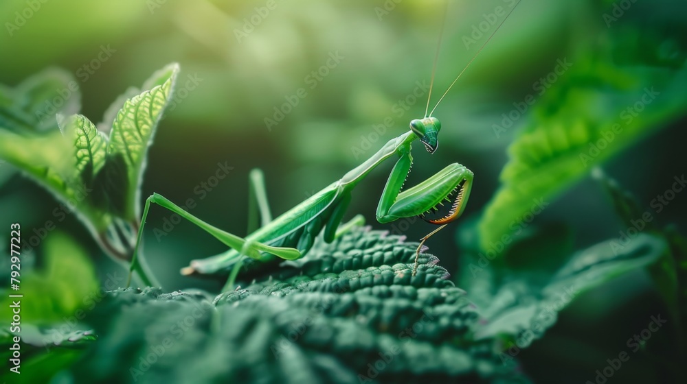 Poster A praying mantis blending perfectly with the greenery as it hunts for prey on a leaf