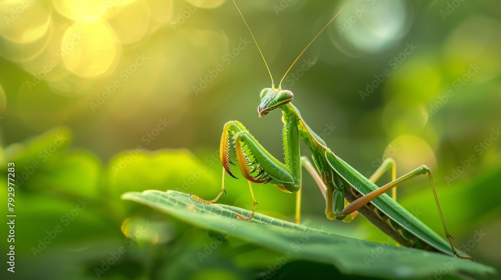 Poster A praying mantis blending perfectly with the greenery as it hunts for prey on a leaf