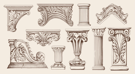 Vector art of victorian floral ornament and architecture elements. Flourish design filigree arabesque frame.