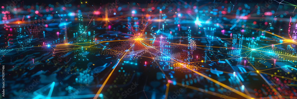 Poster smart city and abstract dot point connect with gradient line and aesthetic intricate wave line desig