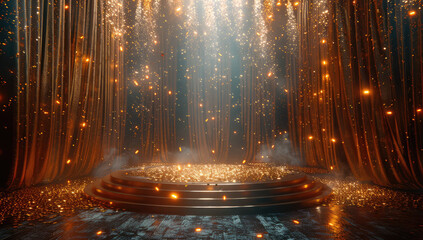 A golden and majestic podium surrounded by gold pillars, illuminated with rays of light shining down from above, smoke rising around the bottom edge of the stage. Created with Ai