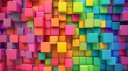 A colorful wall made of blocks with a rainbow pattern. The block arranged in an artistic pattern. Top view. 
