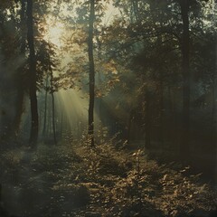 Mystical forest with sunlight filtering through trees, highlighting autumn leaves