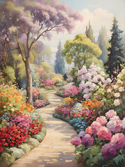 Painting of a garden with flowers and trees and a path