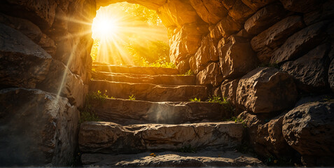 The Resurrection of Jesus in the Bible. Sunlight streaming into a gaping stone cave. Conceptual...