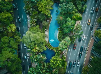 Overhead view of a highway flanked by trees and a pool in a natural landscape