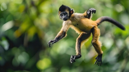 Obraz premium cute bow jumping from a tree in the jungle with blurred background in high resolution and high quality. concept animals, jungle, monkey
