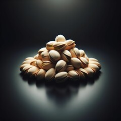 A pile of peanuts on a black surface with a dark background