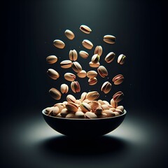 Falling peanuts on plate against dark background