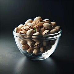 Glass bowl of peanuts on black surface with dark background