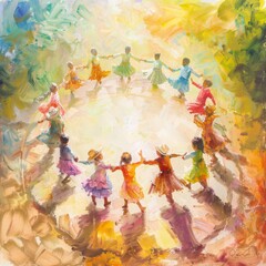 A colorful work of art showing children from all over the world dancing exuberantly symbolizes unity and joy on International Children's Day.