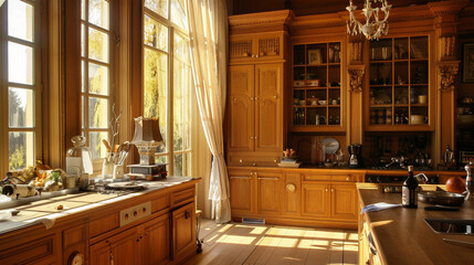 french interior design style kitchen area wooden cabinet cupboard - obrazy, fototapety, plakaty