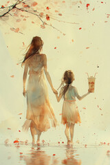 A delicate watercolor painting depicting a mother and her child walking hand in hand, surrounded by a swirl of falling flowers.
