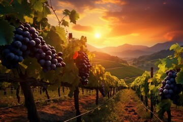 Beautiful landscape with vineyard at sunset. Wine vineyard with grapes and sunset in the background