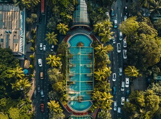Aerial shot of a palm treesurrounded swimming pool