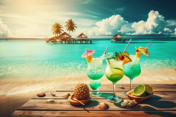  Summer beach cocktails, beautiful scenery generative ai   art