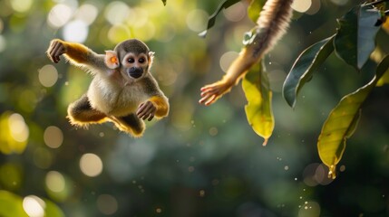 cute bow jumping from a tree in the jungle with blurred background in high resolution and high quality. concept animals, jungle, monkey HD - Powered by Adobe