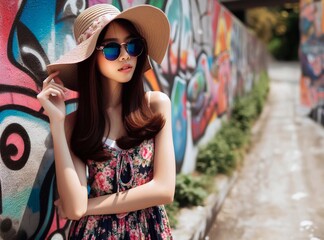 Beautiful teenage girl wearing a hat next to a graffiti wall  generative ai  art