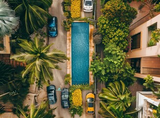 Aerial view of a pool among palm trees with cars nearby